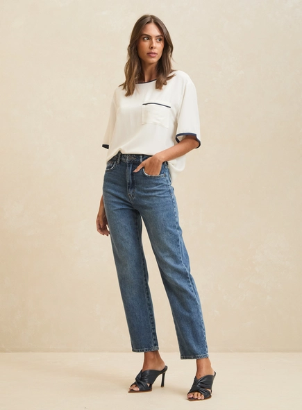 Calça Jeans Reta Cintura Alta Denim Médio  - Nadia