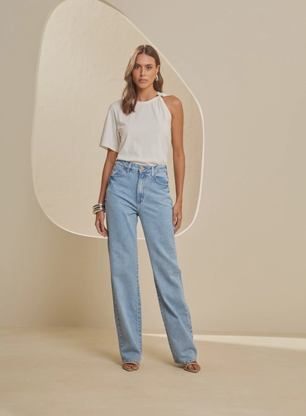 Calça Jeans Reta Cintura Alta Lavagem Clara- Bella
