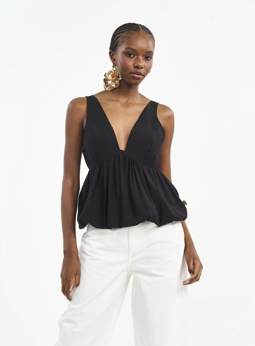 Blusa Decote V Com Alças E Barra Balonê Preto