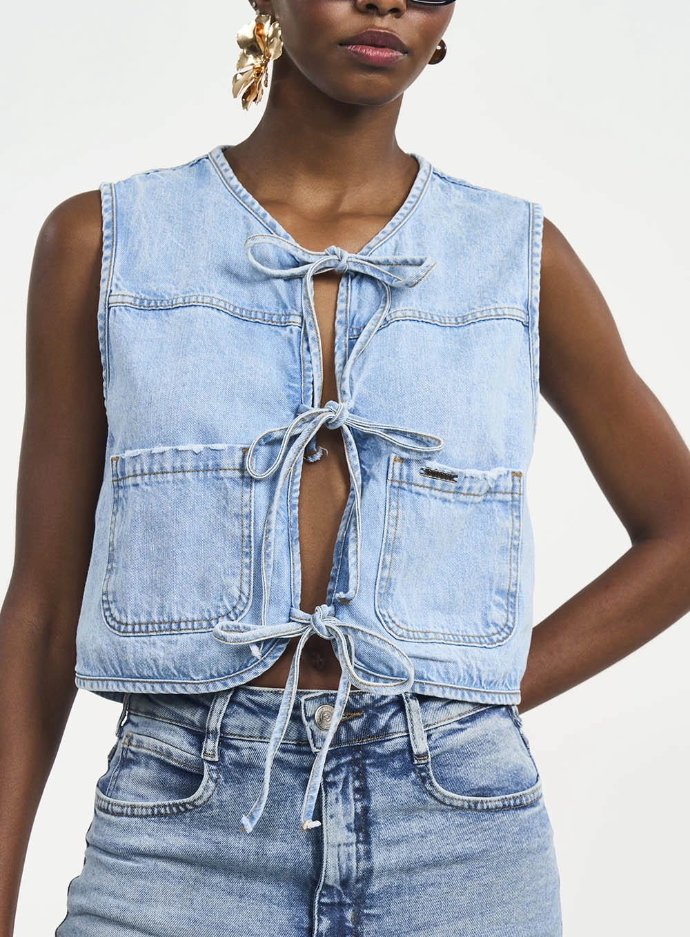 Blusa Jeans Comfort Com Amarrações Índigo