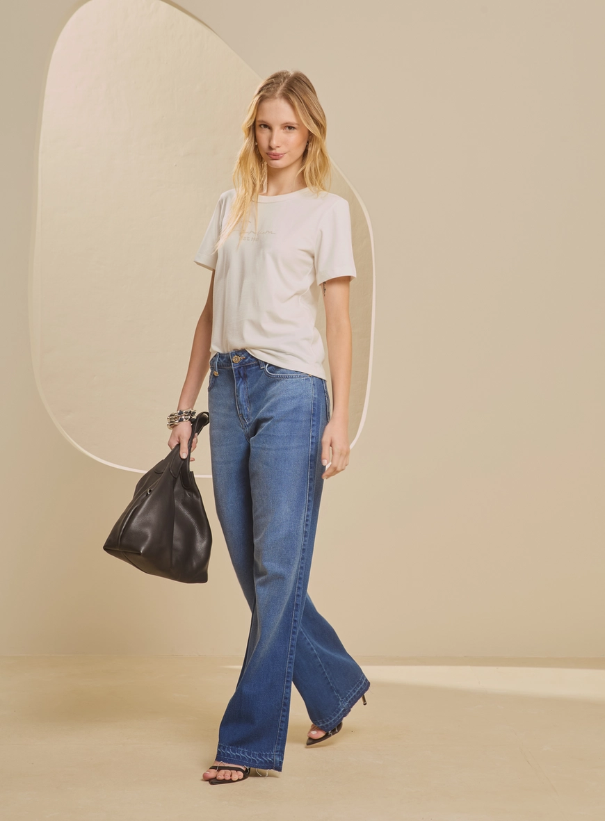 Calça Jeans Estonada Média - Raquel Wide Leg Índigo