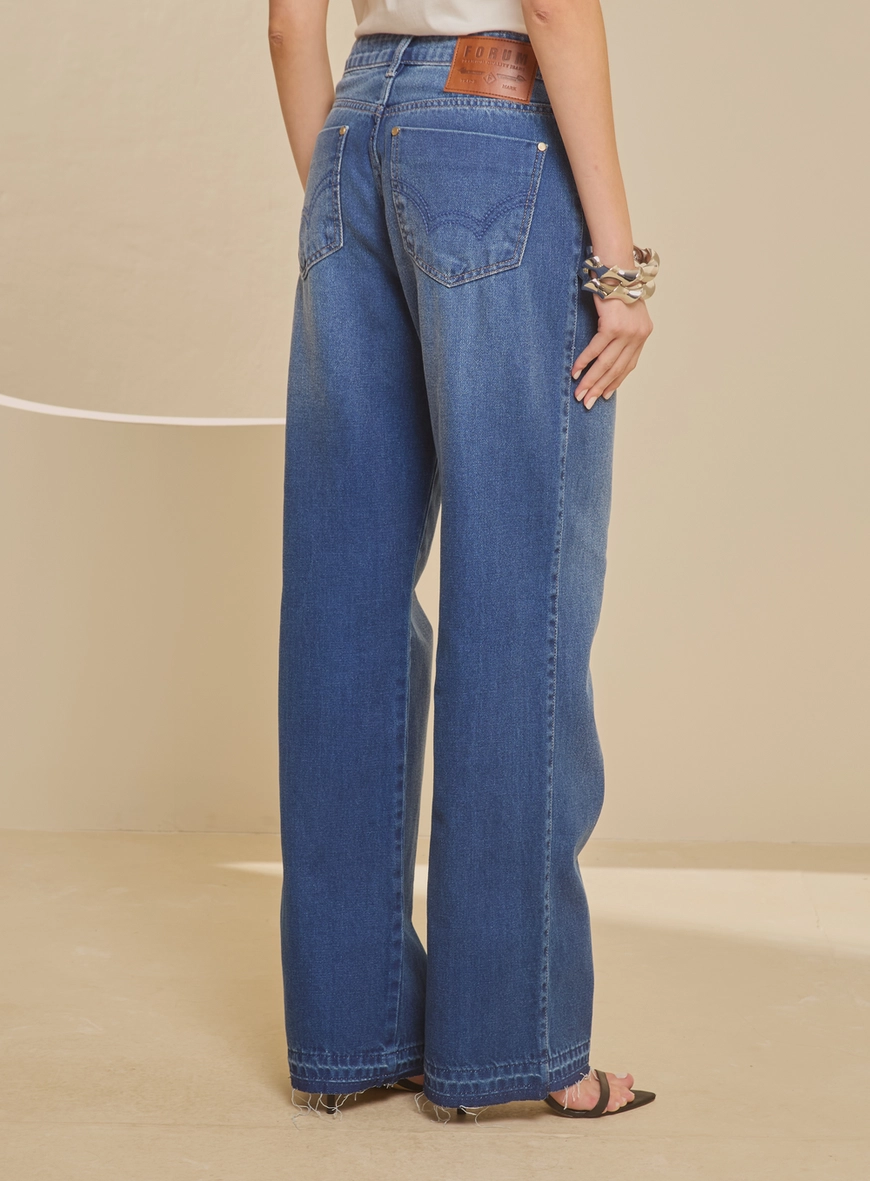 Calça Jeans Estonada Média - Raquel Wide Leg Índigo