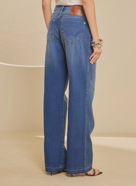 Calça Jeans Estonada Média - Raquel Wide Leg