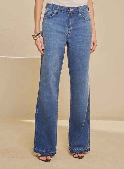 Calça Jeans Estonada Média - Raquel Wide Leg