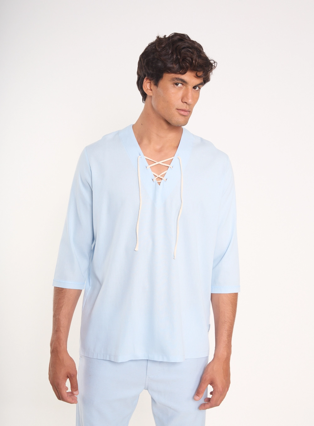 Blusa Manga Longa Masculina Resort Com Amarração Azul