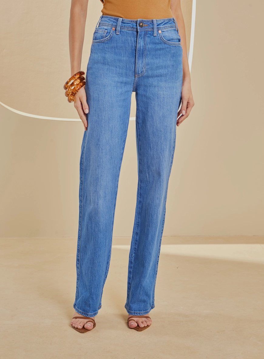 Calça Jeans Reta Clara Cintura Alta- Bella Stretch Índigo 3