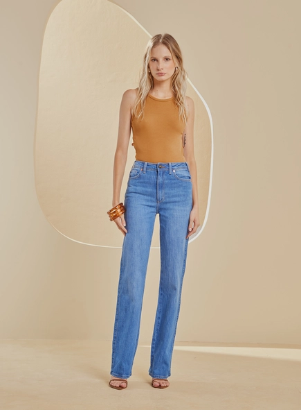 Calça Jeans Reta Clara Cintura Alta- Bella Stretch