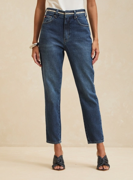 Calça Jeans Reta Cintura Alta Escura - Lola