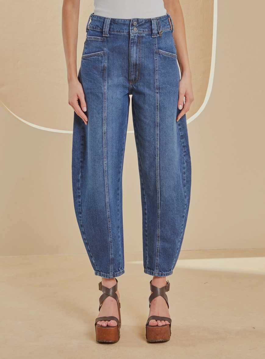 Calça Jeans Barrel Cropped Estonada Com Recortes Índigo 3