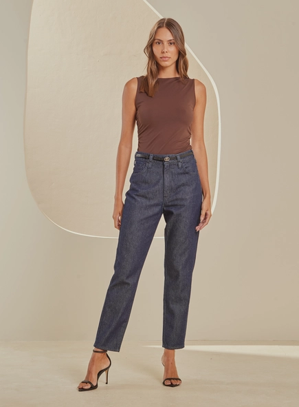 Calça Jeans Reta Cintura Alta Com Cinto - Lola