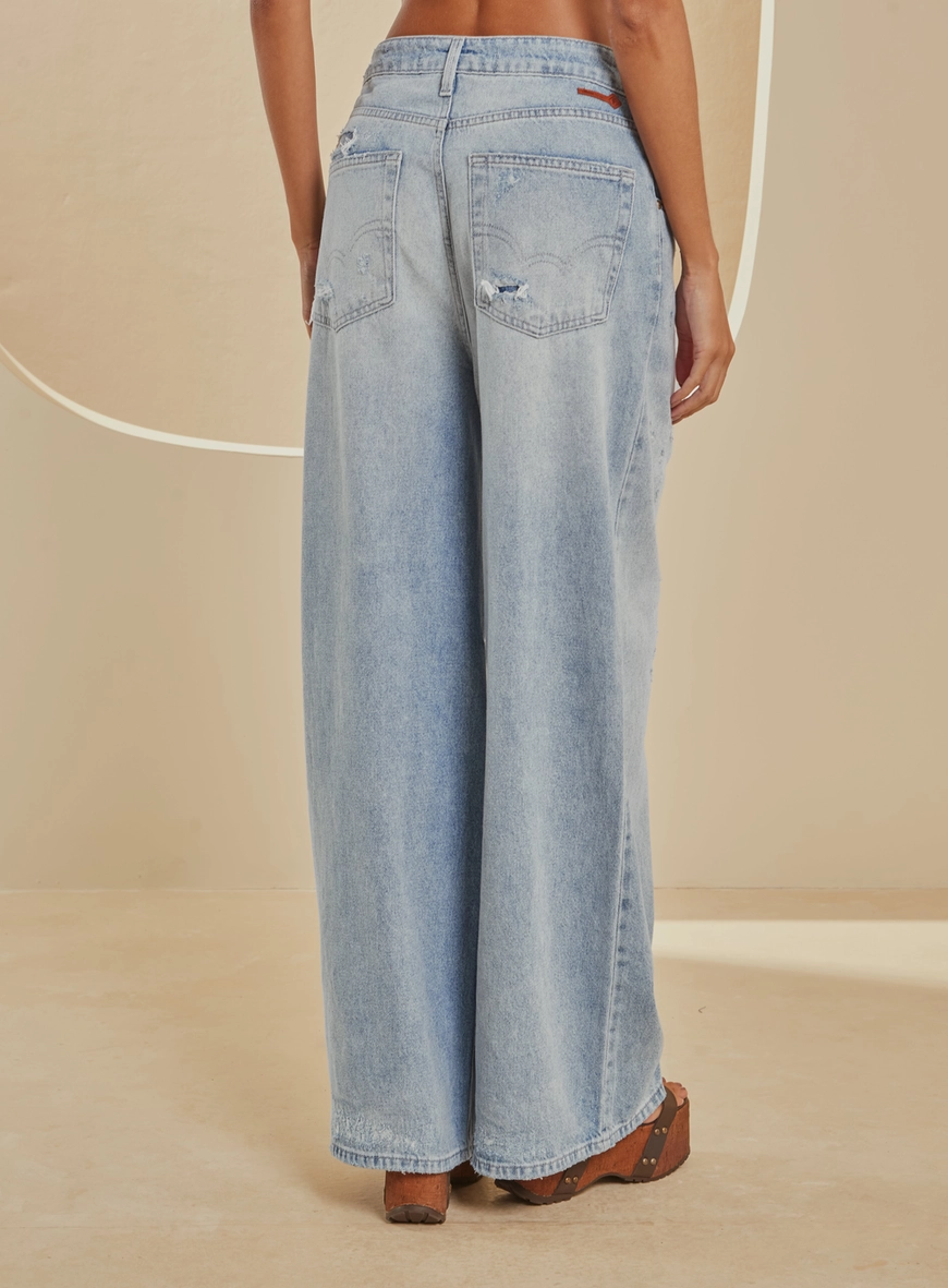 Calça Jeans Baggy Ampla Estonada Cintura Alta Índigo 2