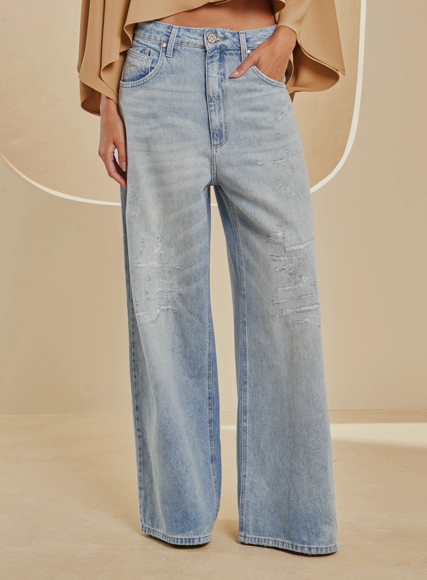 Calça Jeans Baggy Ampla Estonada Cintura Alta Índigo 3