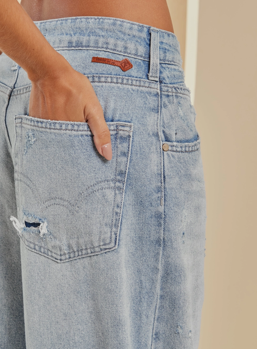 Calça Jeans Baggy Ampla Estonada Cintura Alta Índigo 4