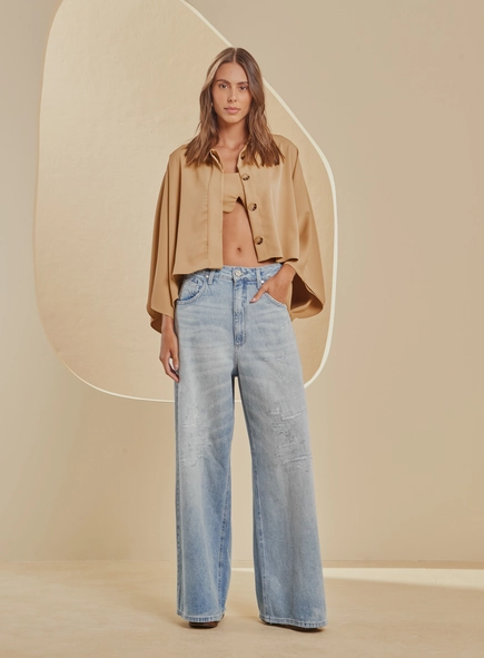 Calça Jeans Baggy Ampla Estonada Cintura Alta