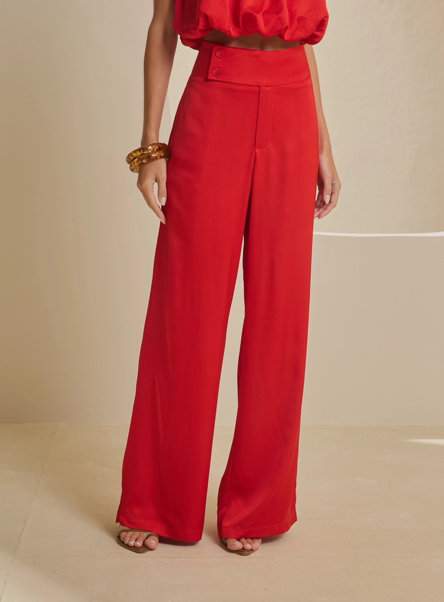 Calça Feminina Ampla Detalhe Botões Vermelho