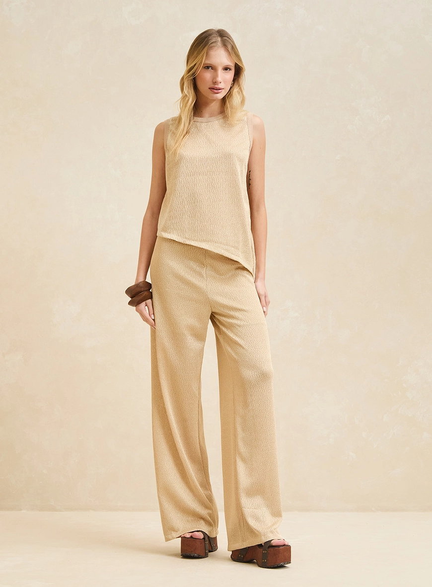 Calça Feminina Pantalona Em Malha Texturizada Bege Soybean