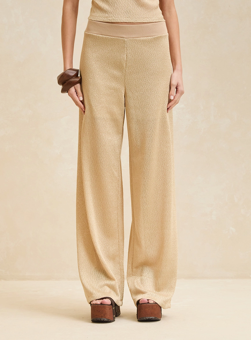 Calça Feminina Pantalona Em Malha Texturizada Bege Soybean