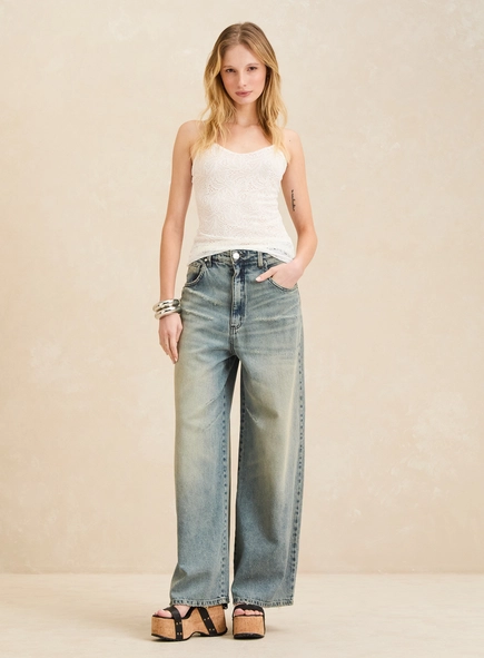 Calça Jeans Baggy Ampla Cintura Alta Vintage