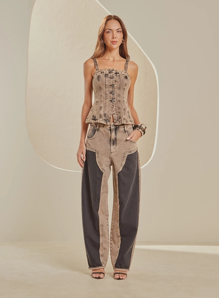 Calça Jeans Feminina Oversized Bicolor