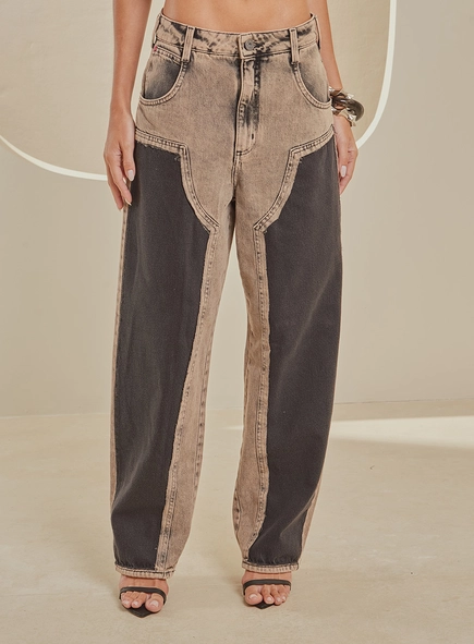 Calça Jeans Feminina Oversized Bicolor