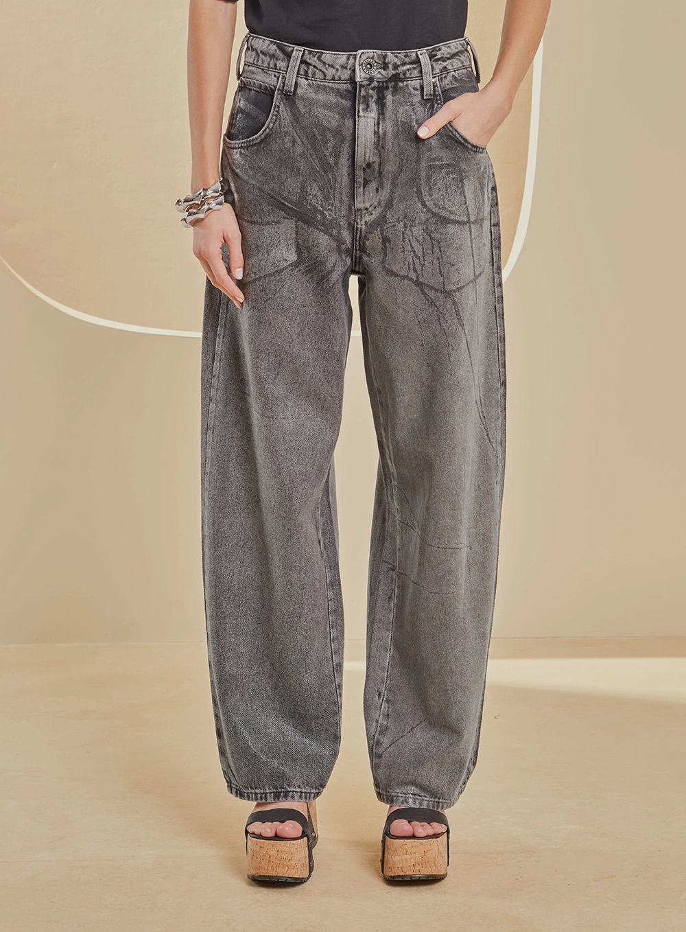 Calça Jeans Oversized Ampla Cintura Alta Estonada Indigo Preto 3