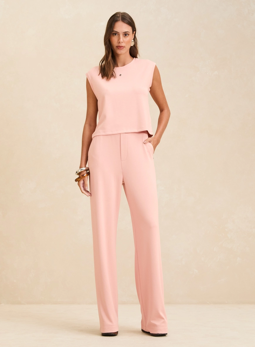 Calça Feminina Pantalona Cintura Alta Rosa