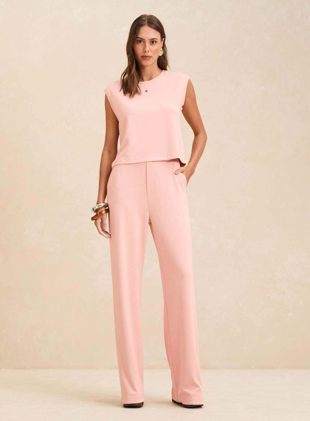 Calça Feminina Pantalona Cintura Alta Rosa 1