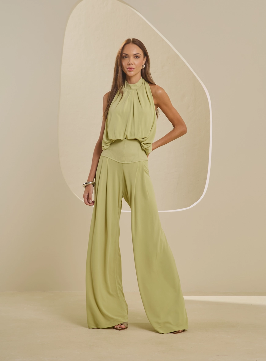 Calça Pantalona Cós Estruturado Com Pregas Bege 1