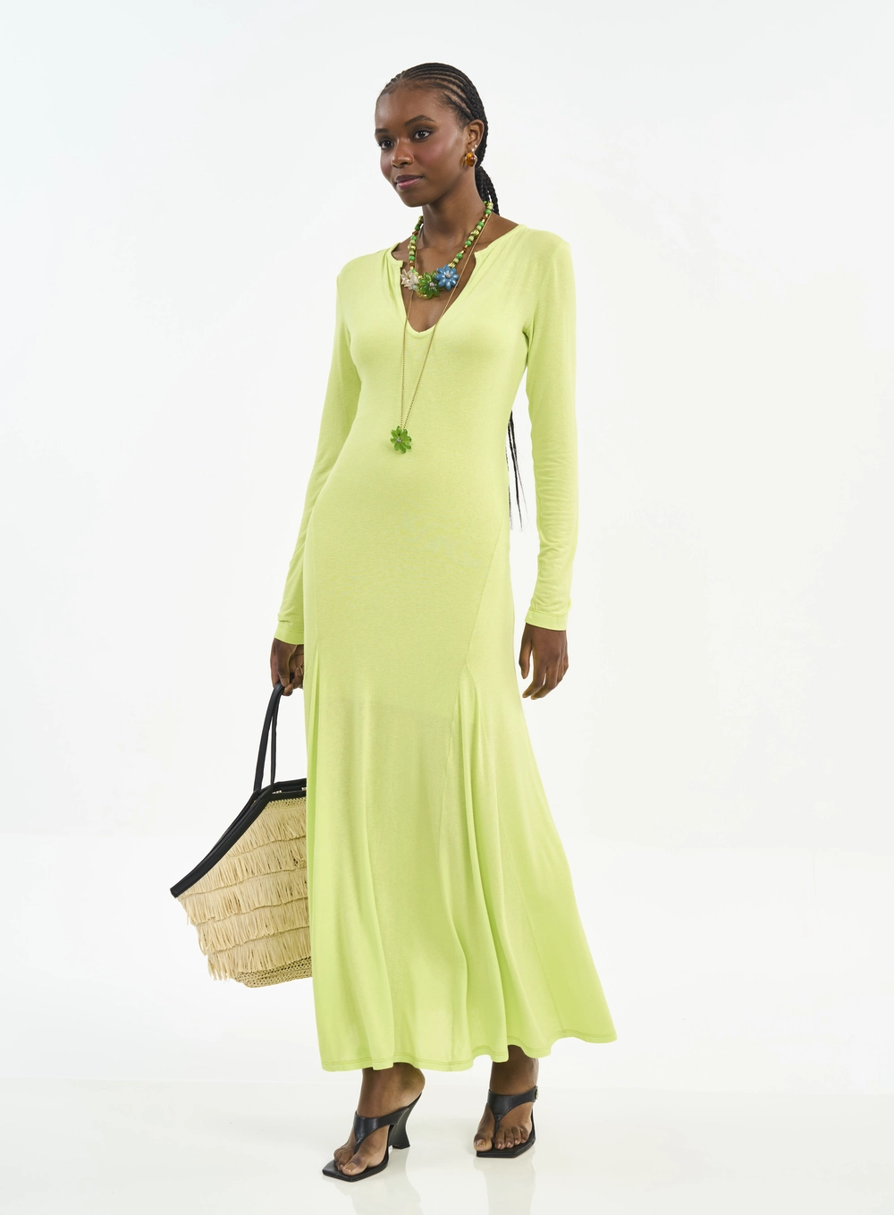 Vestido Longo Com Decote V Verde