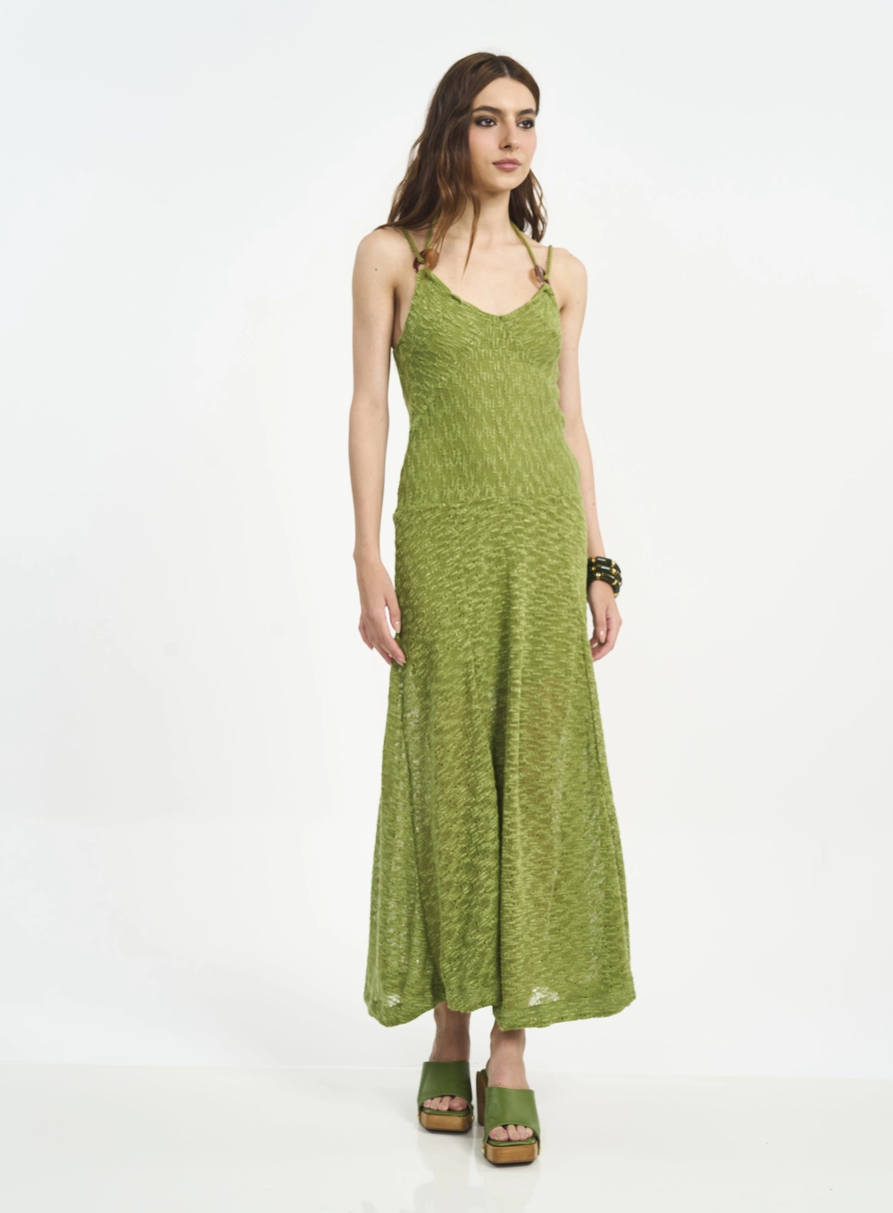 Vestido Longo Com Textura E Detalhe De Argola Estampados