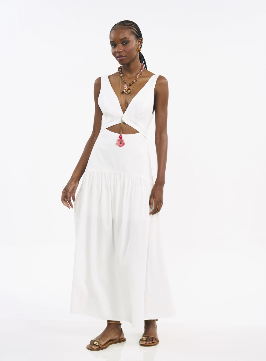 Vestido Longo Linho Com Recorte E Babados
