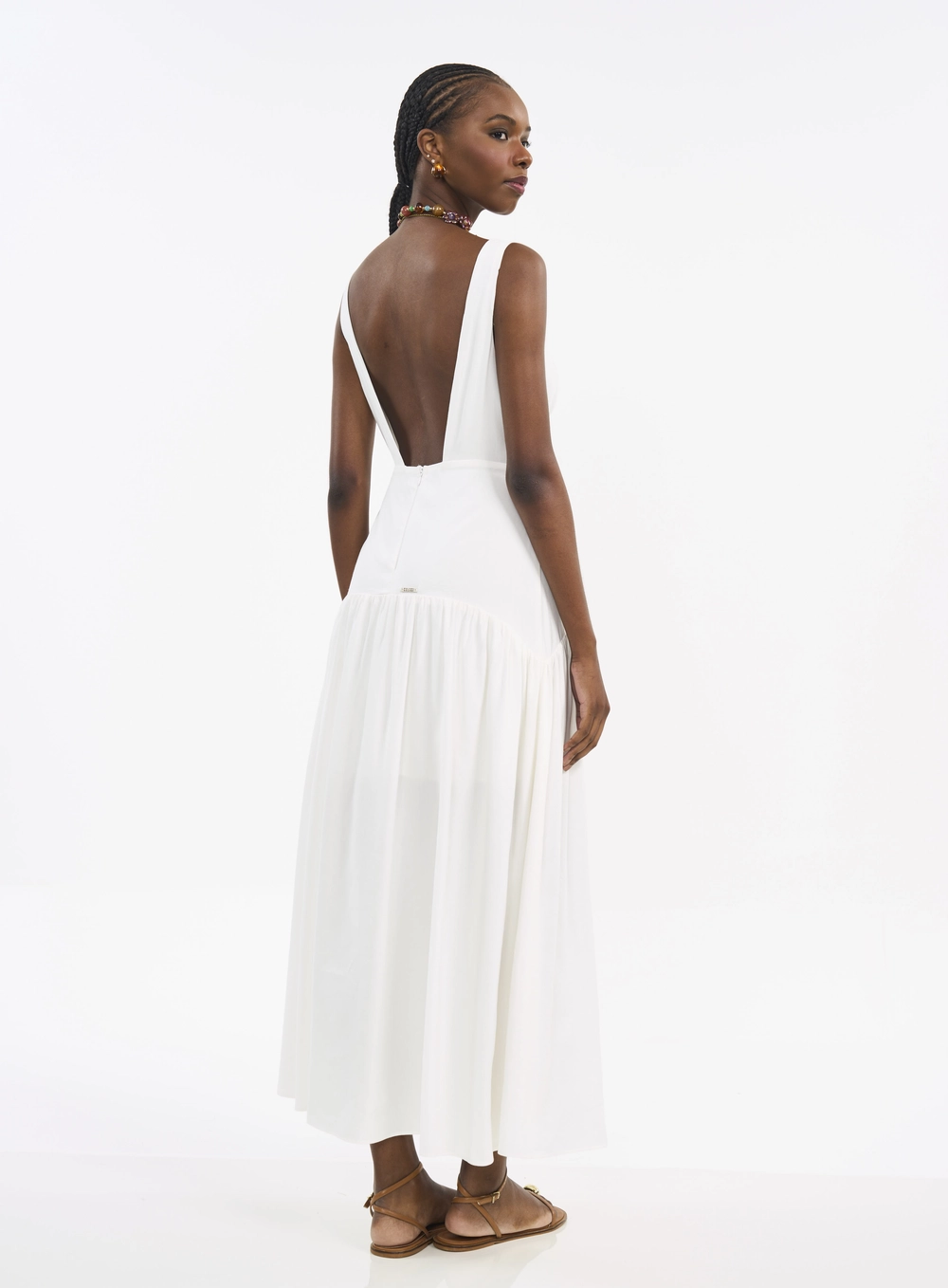 Vestido Longo Linho Com Recorte E Babados Off Shell