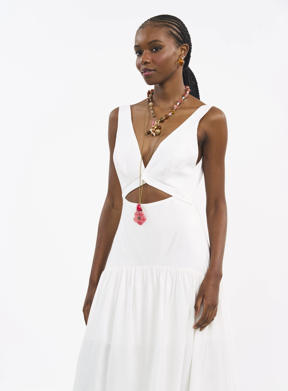 Vestido Longo Linho Com Recorte E Babados Off Shell