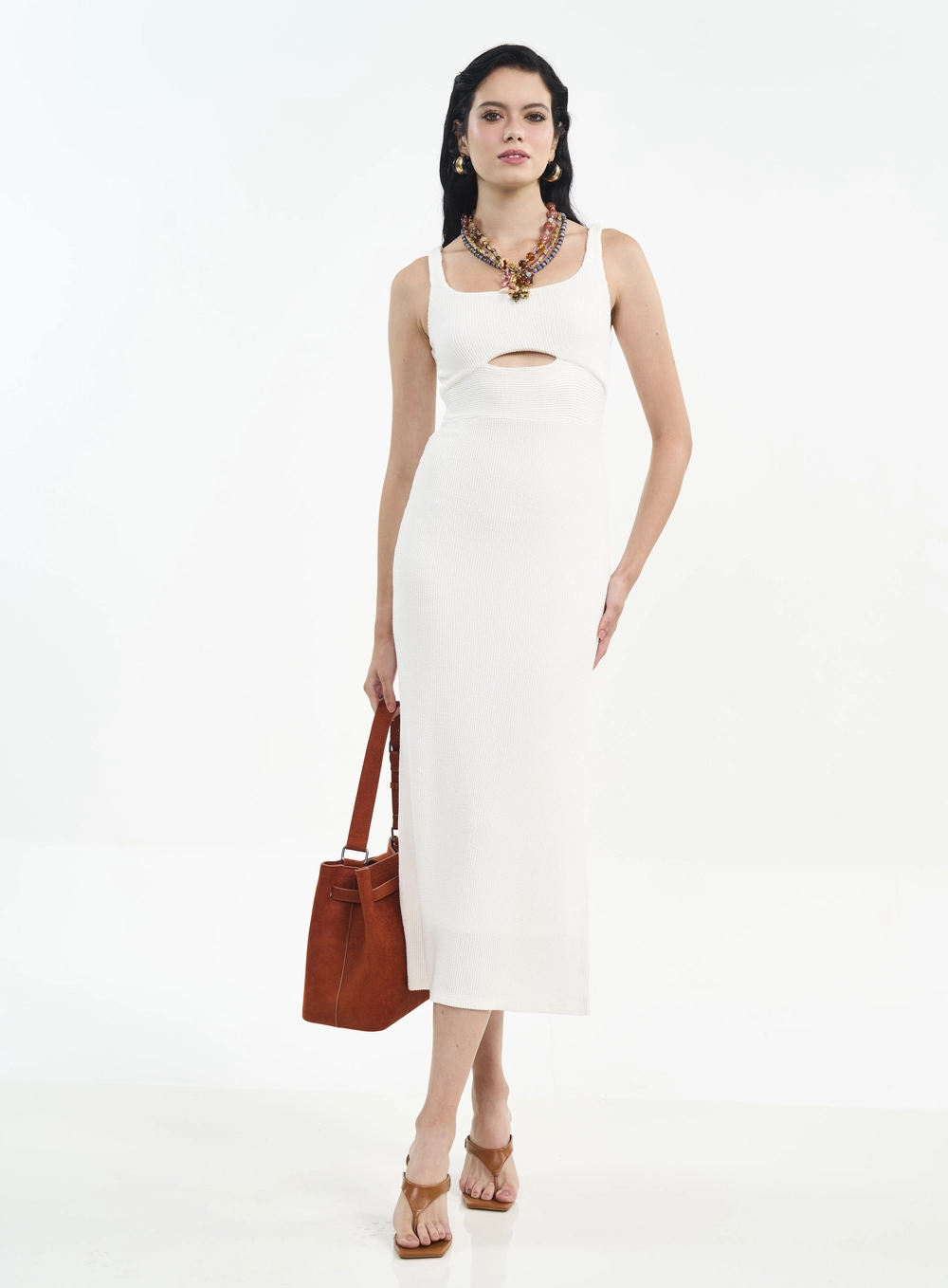 Vestido Midi Com Recorte E Textura Canelada Off Shell