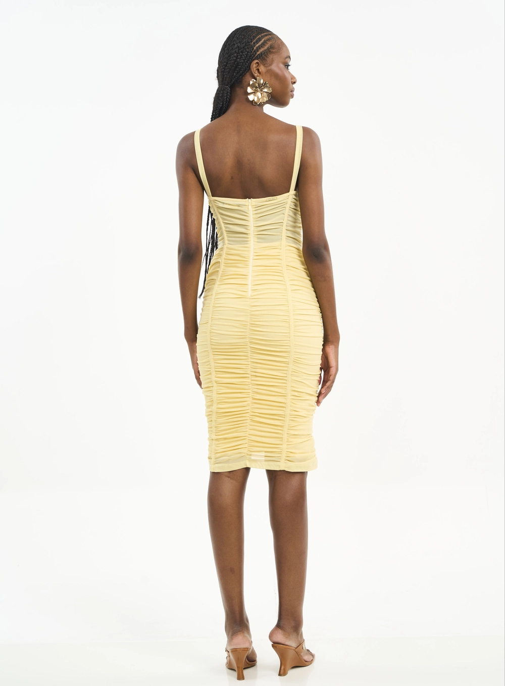 Vestido Midi Com Franzidos E Alças Amarelo