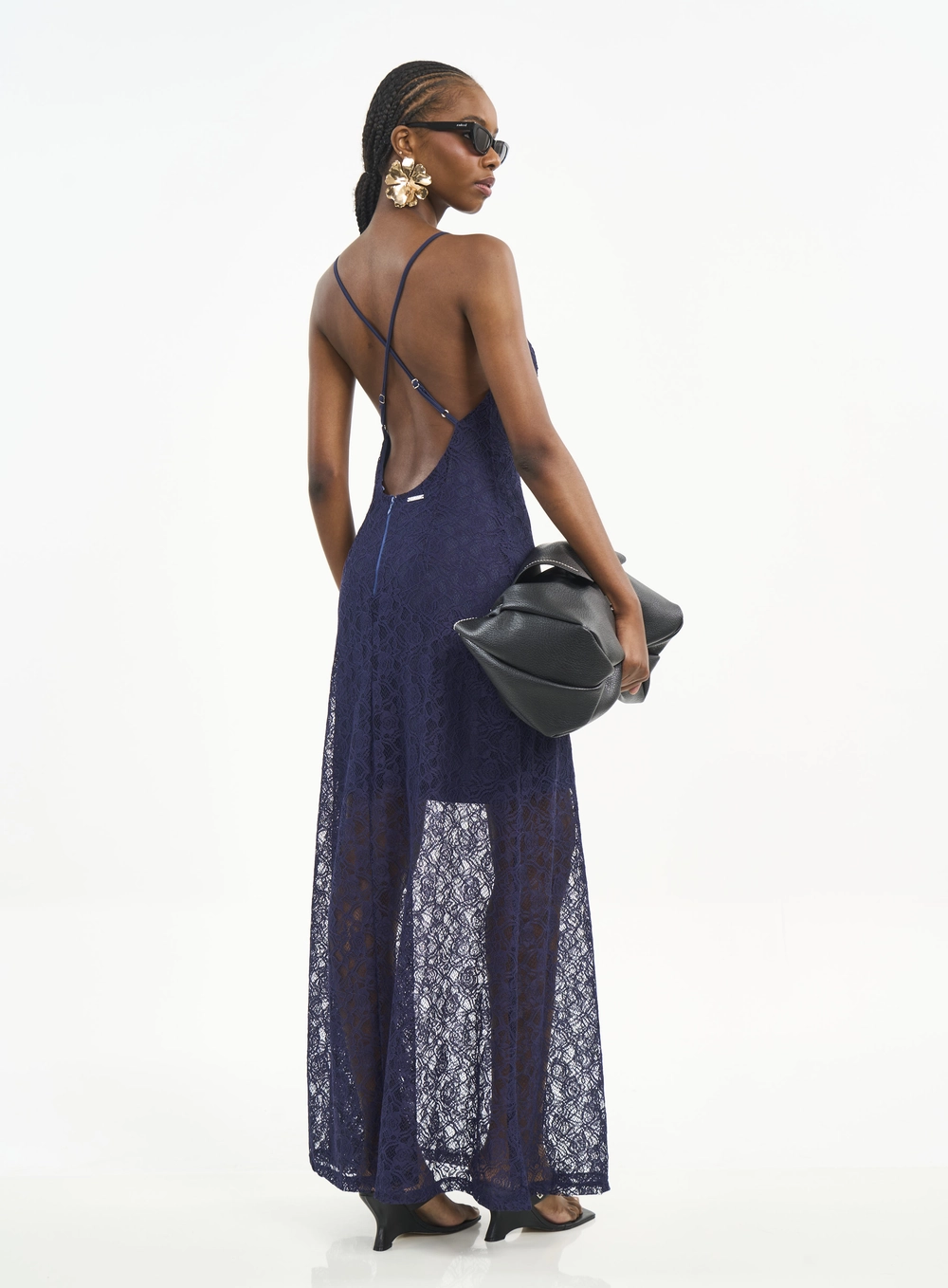 Vestido Longo Com Transparência E Costas Abertas Azul