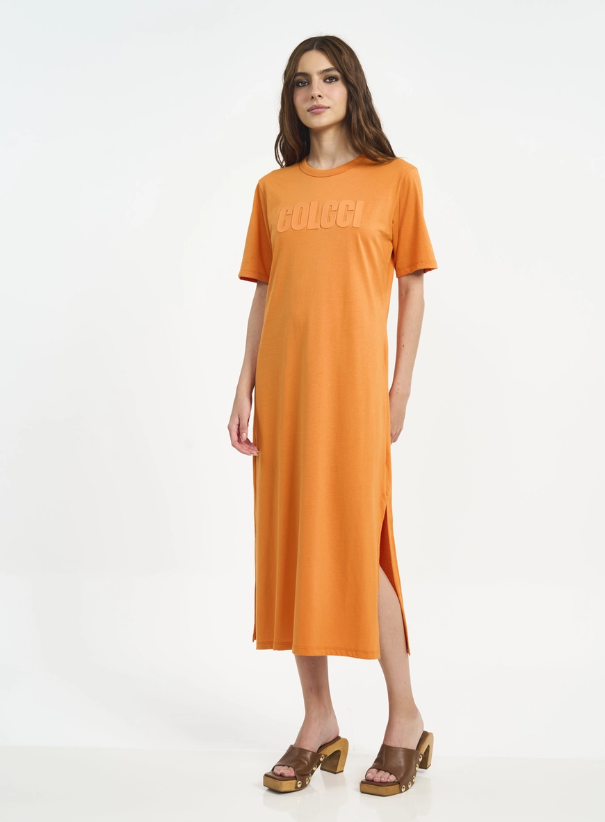 Vestido Midi Com Logo Em Relevo E Fendas