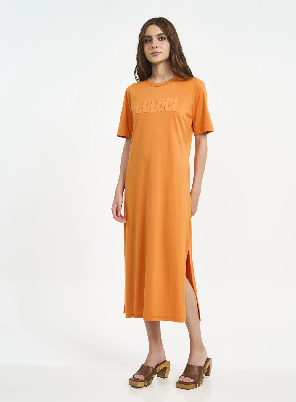 Vestido Midi Com Logo Em Relevo E Fendas Laranja