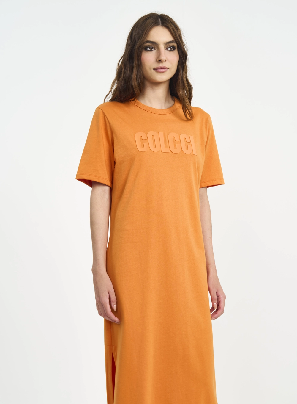 Vestido Midi Com Logo Em Relevo E Fendas Laranja