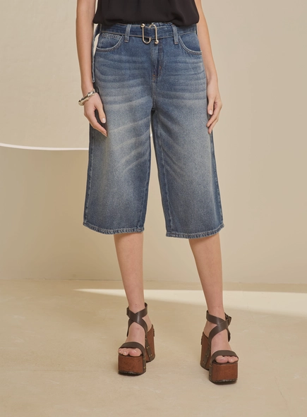 Bermuda Jeans Feminina Longa Com Cinto