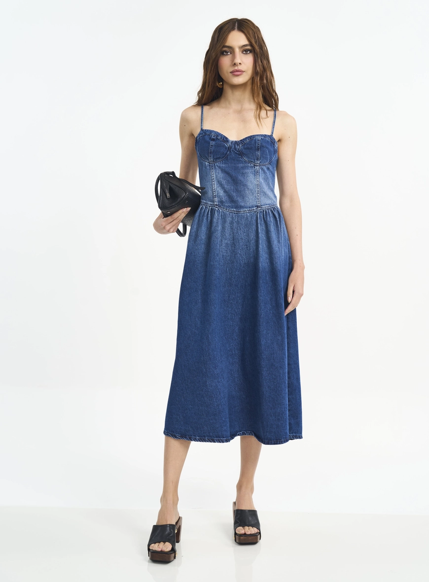 Vestido Midi Jeans Com Alças E Recortes