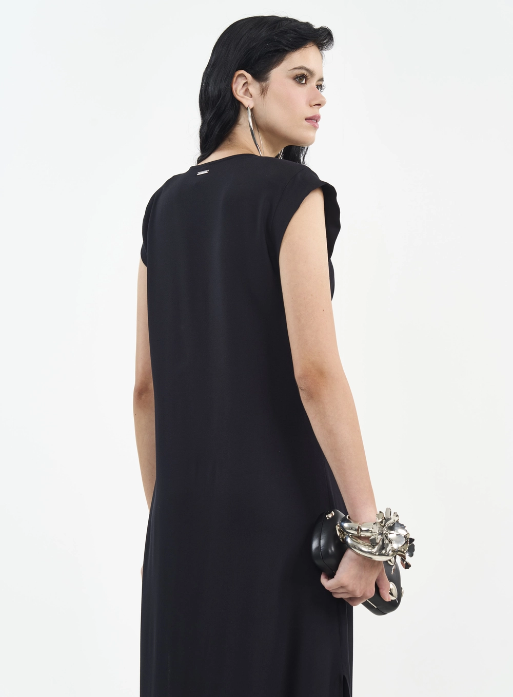 Vestido Longo Com Argola E Fendas Preto