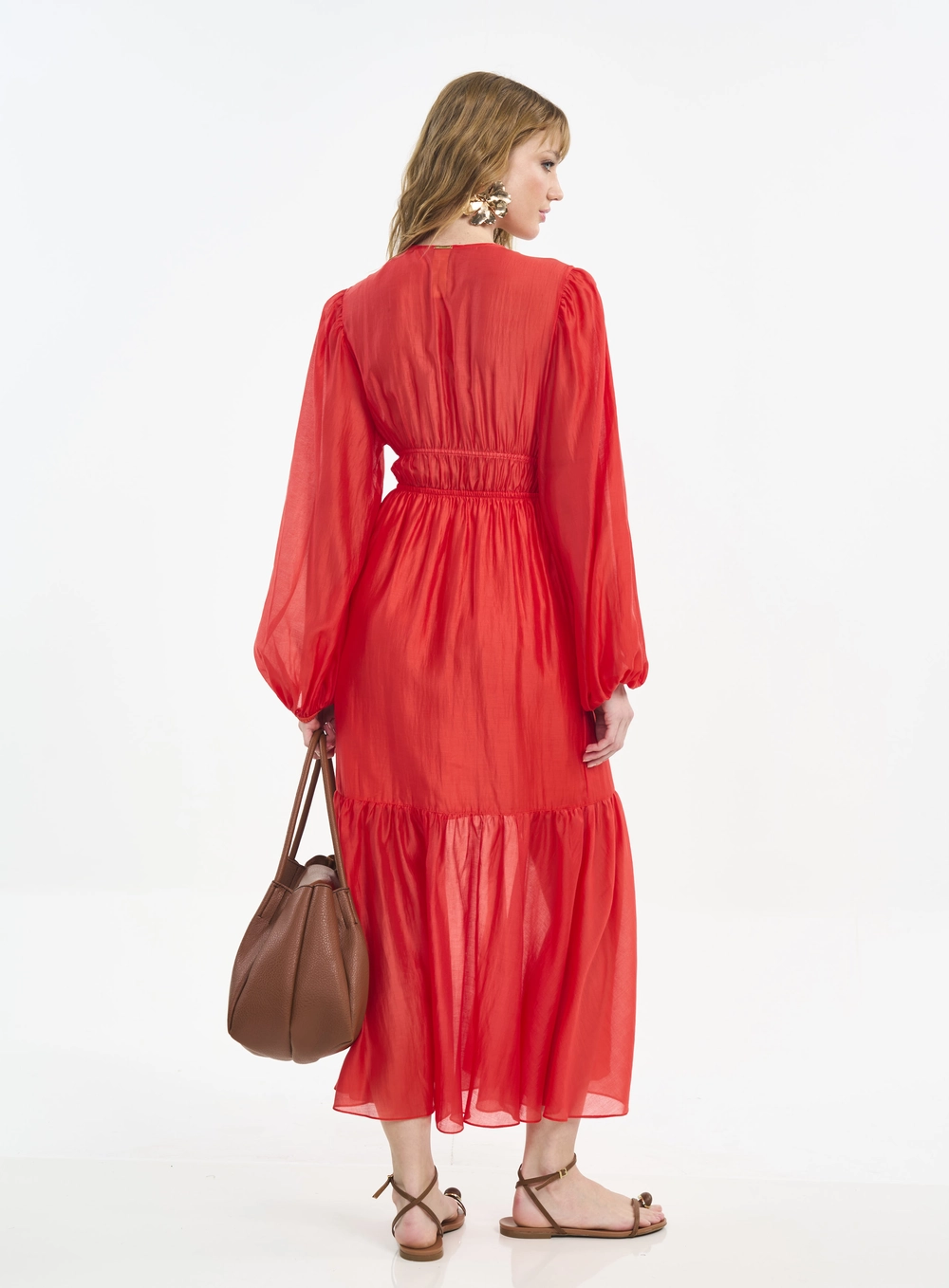 Vestido Longo Com Mangas Bufantes E Amarração Laranja