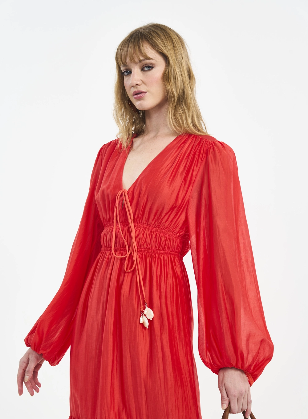 Vestido Longo Com Mangas Bufantes E Amarração Laranja