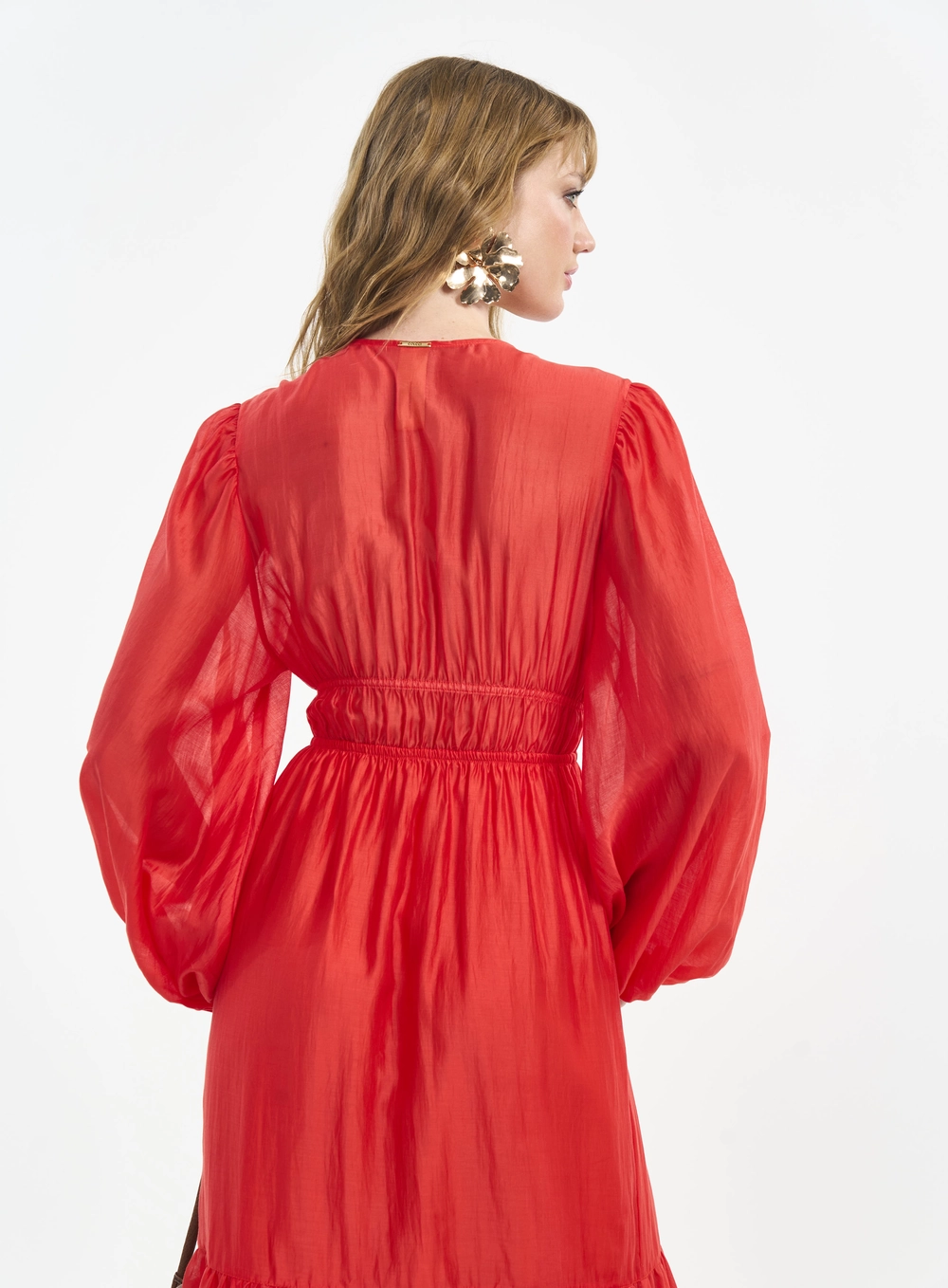 Vestido Longo Com Mangas Bufantes E Amarração Laranja
