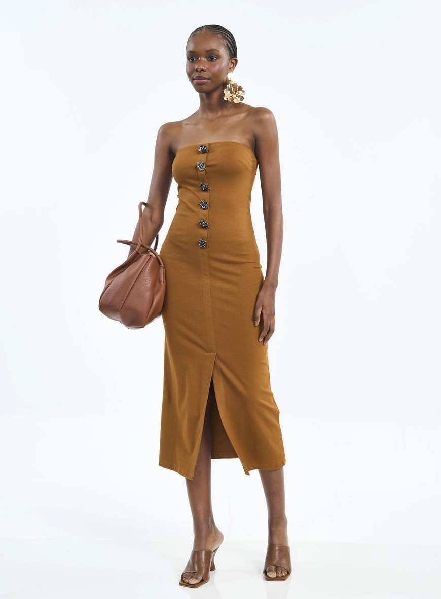 Vestido Midi Tomara Que Caia Com Botões E Fenda