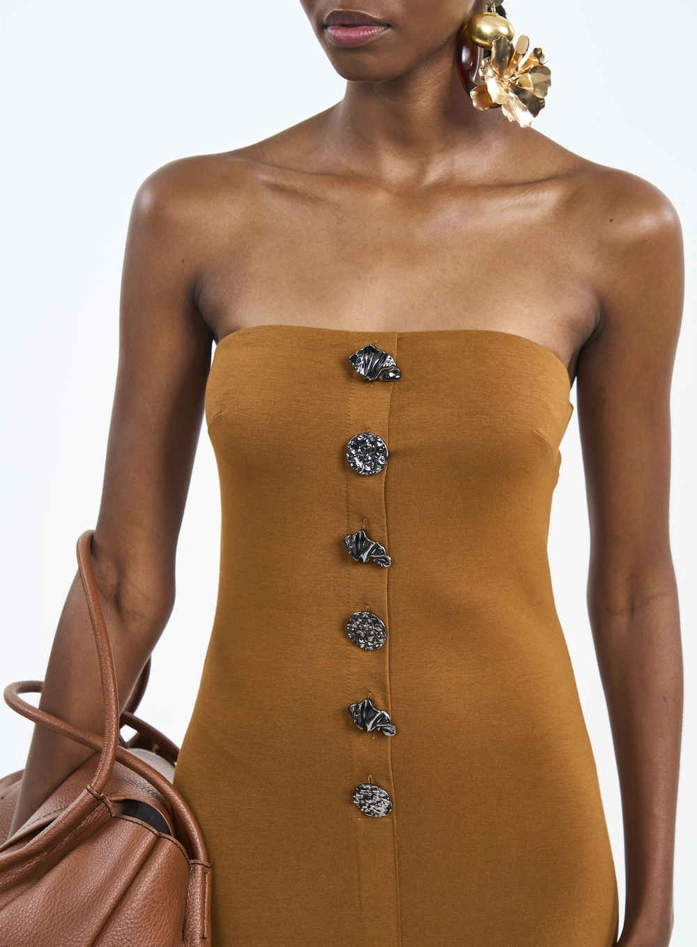 Vestido Midi Tomara Que Caia Com Botões E Fenda Marrom