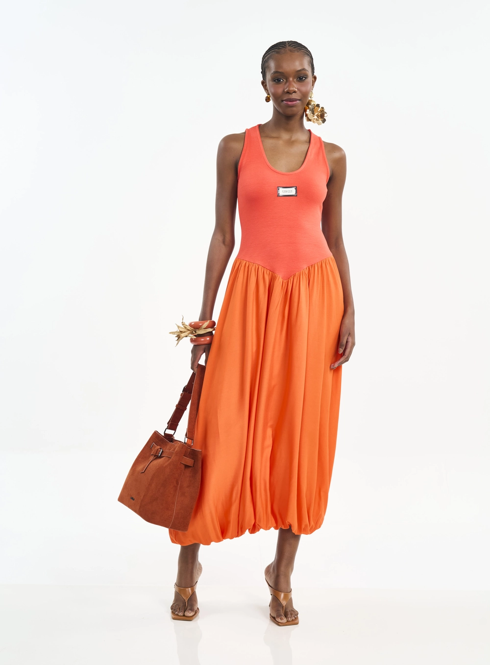 Vestido Longo Balonê Com Placa Logo Laranja