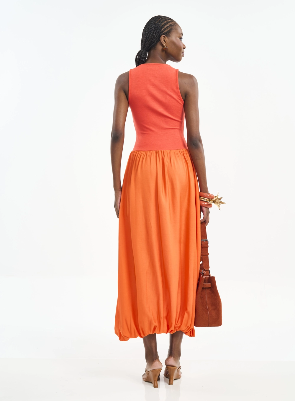 Vestido Longo Balonê Com Placa Logo Laranja