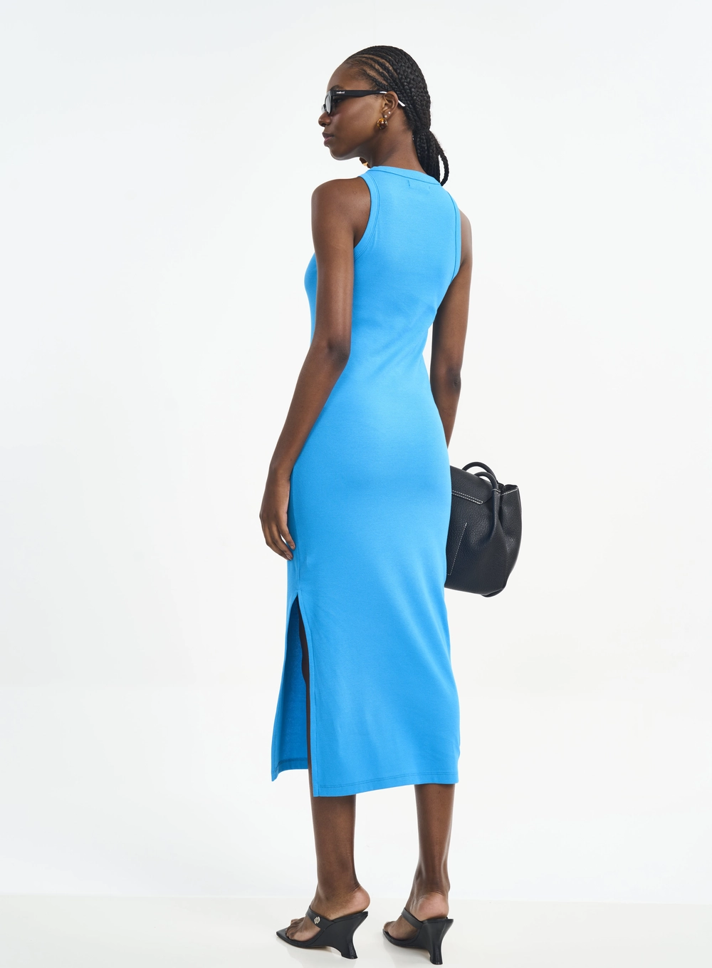 Vestido Midi Canelado Com Fenda Azul